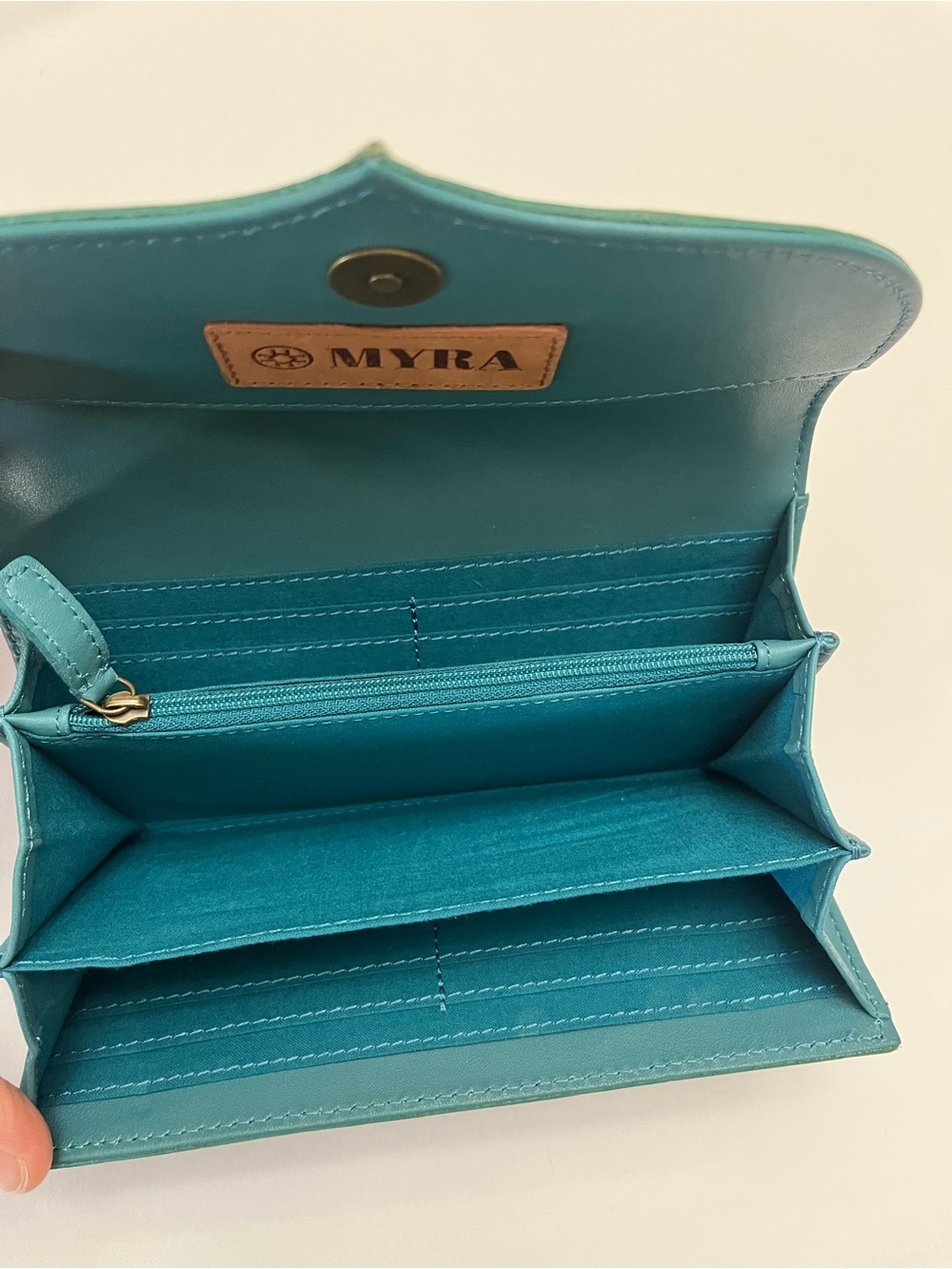 Myra Flower Crest Tooled Leather Wallet Floral Embossed With Turquose Accents - Picture 9 of 10